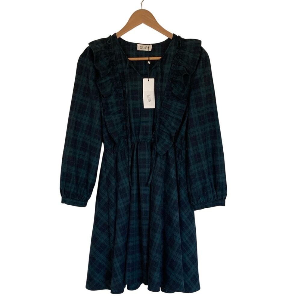 Molly‎ Bracken Womens Short Plaid Dress Size S Navy Green Preppy Coquette Girly